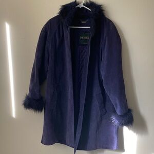 Danier Women's Deep Purple Suede Trench Coat with faux Fur Accents